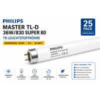 25 Pack Philips MASTER TL-D 36W/830 Super 80 T8 G13 Leuchtstoffröhre Warmweiß 3000K