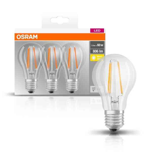 3er-Pack OSRAM LED BASE Classic A60 Filament E27 6,5 W – 806 lm – 4000 K