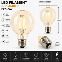 LED Filament G80 E27 5W 600lm 2700K Amber Vintage Globe...